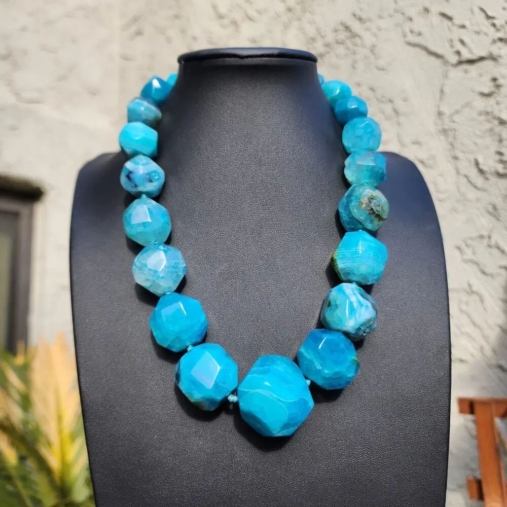 Lucas Lameth Blue Dragon Vein Agate Necklace LUC 925 Chunky Faceted Large Bead - Picture 11 of 11